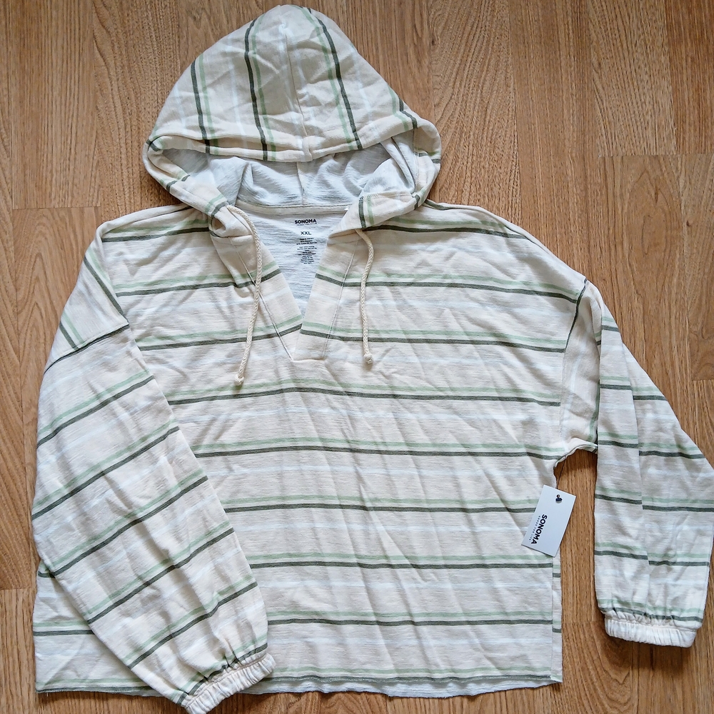 Sonoma Cream and Green Striped Hoodie Top